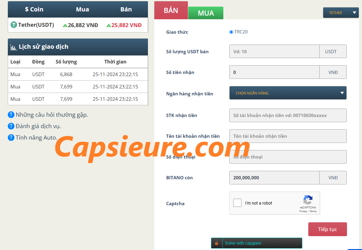 Capsieure giải captcha Bitano reCaptcha V2 tự động tốc độ cực nhanh | CapSieuRe